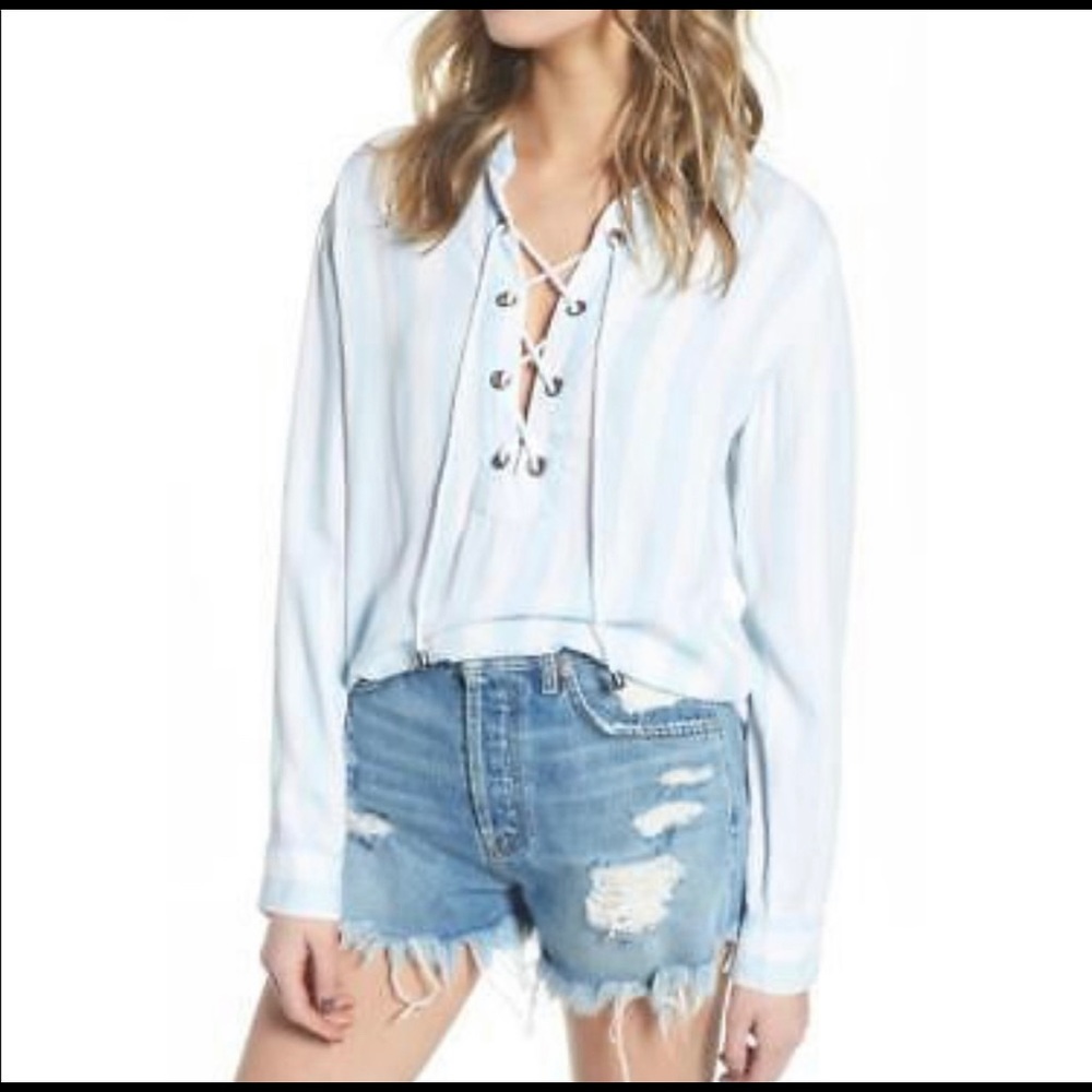 RAILS blue stripped chambray lace up tie front top beechy flannel